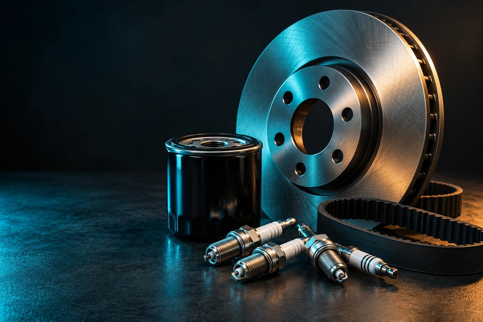 Illustrative still life of a brake rotor, oil filter, spark plugs and belt